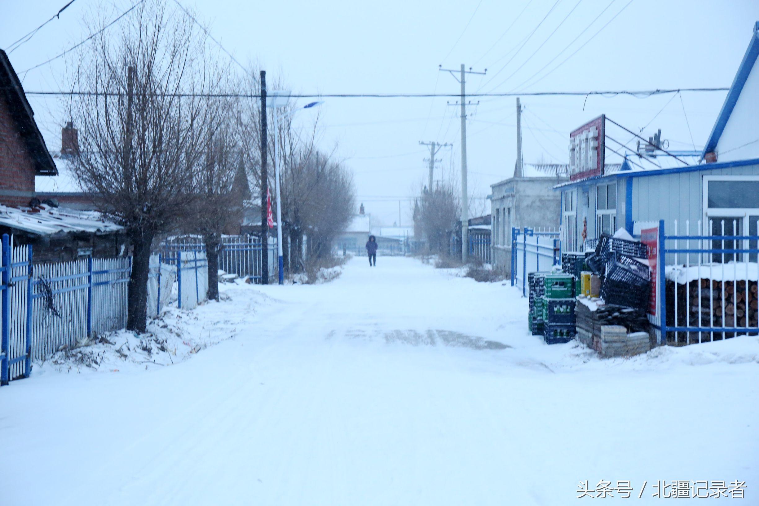 东北小屯子被白雪覆盖，宅基地有半晌地大，车子披棉被，街道空空