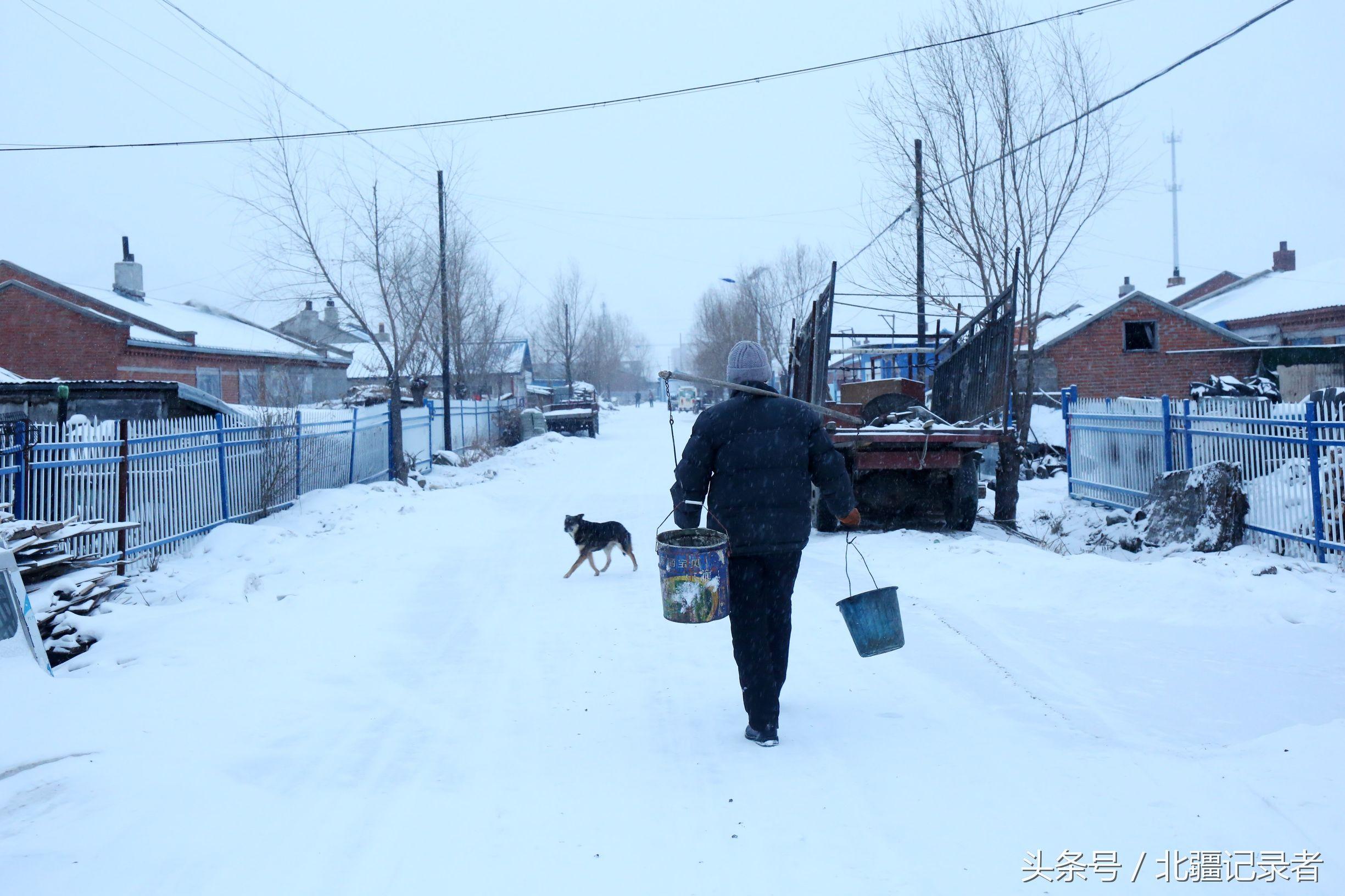 东北小屯子被白雪覆盖，宅基地有半晌地大，车子披棉被，街道空空