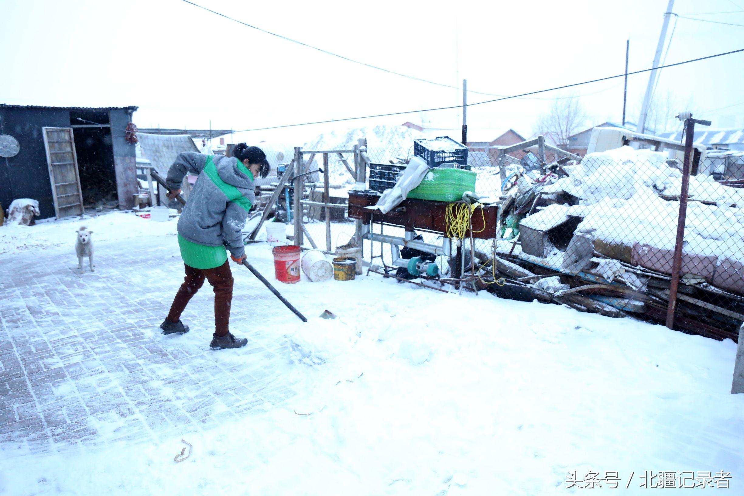 东北小屯子被白雪覆盖，宅基地有半晌地大，车子披棉被，街道空空